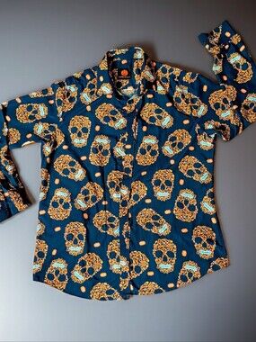Simon Banks Men's Halloween Pumpkin Skull Button Down Shirt Size L EUC